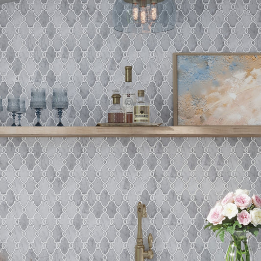Soft Gray and White 11 x 13 Polished Carrrara, Thassos Marble Mosaic Tile