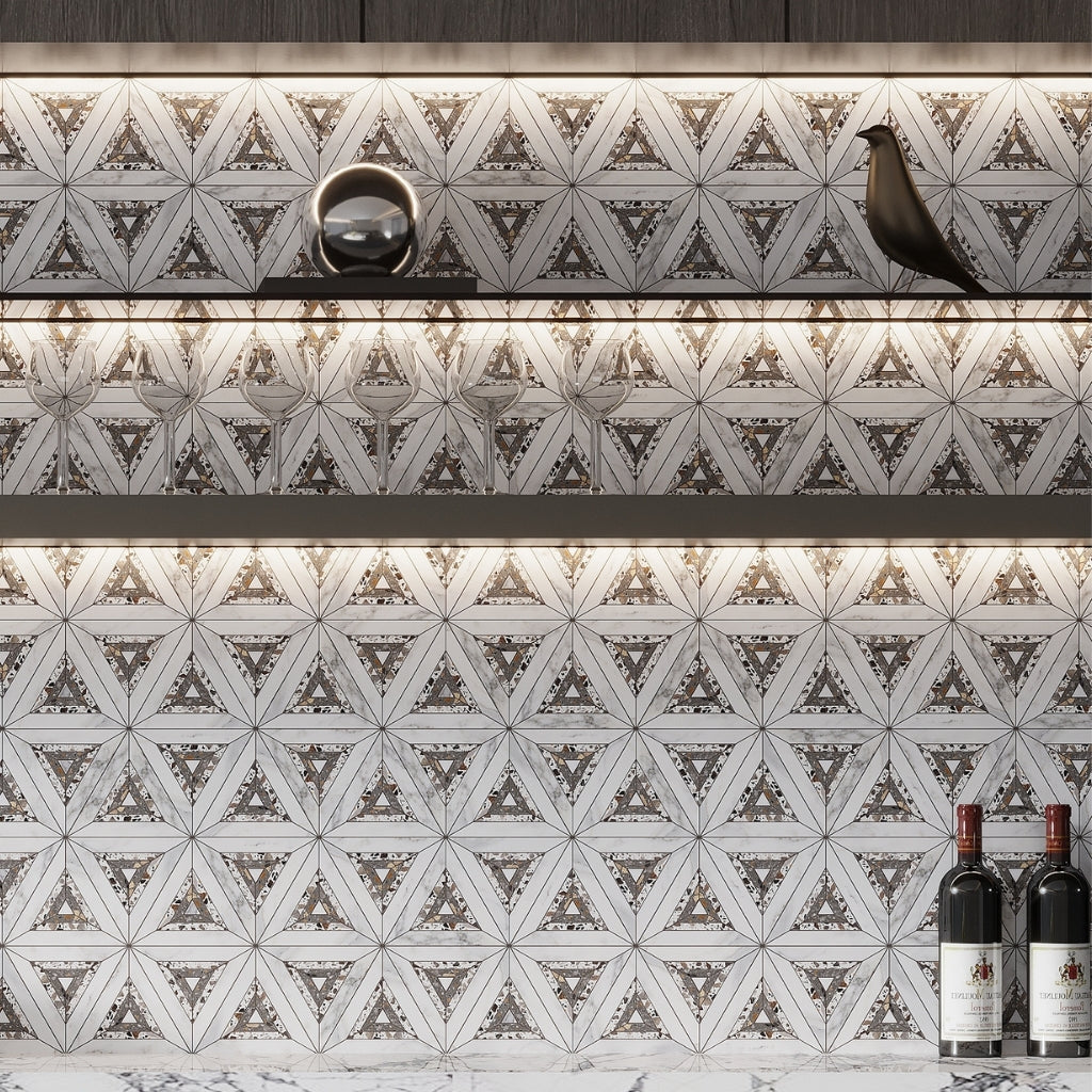 Calacatta Gold, Glacier Terrazzo, Atlantic Gray 9 x 10 Polished, Honed Marble Mosaic Tile