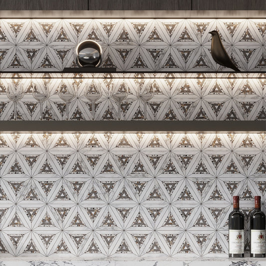 Calacatta Gold, Glacier Terrazzo, Atlantic Gray 9 x 10 Polished, Honed Marble Mosaic Tile