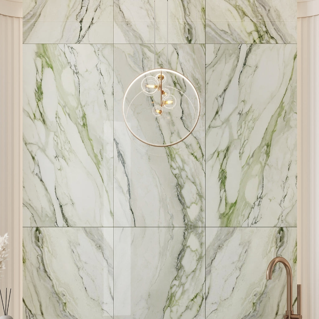 Soft White with Sage Green Veins 24 x 48 Matte Porcelain Large Tile