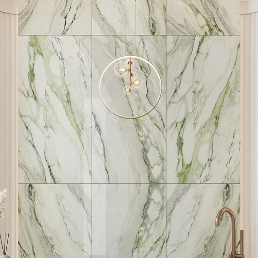 Soft White with Sage Green Veins 24 x 48 Matte Porcelain Large Tile