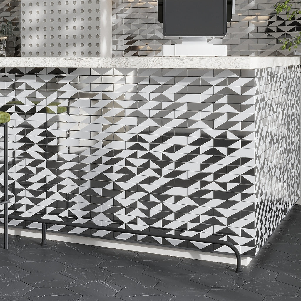 Gray, Silver 12x12 Glossy Glass Brick Mosaic Tile