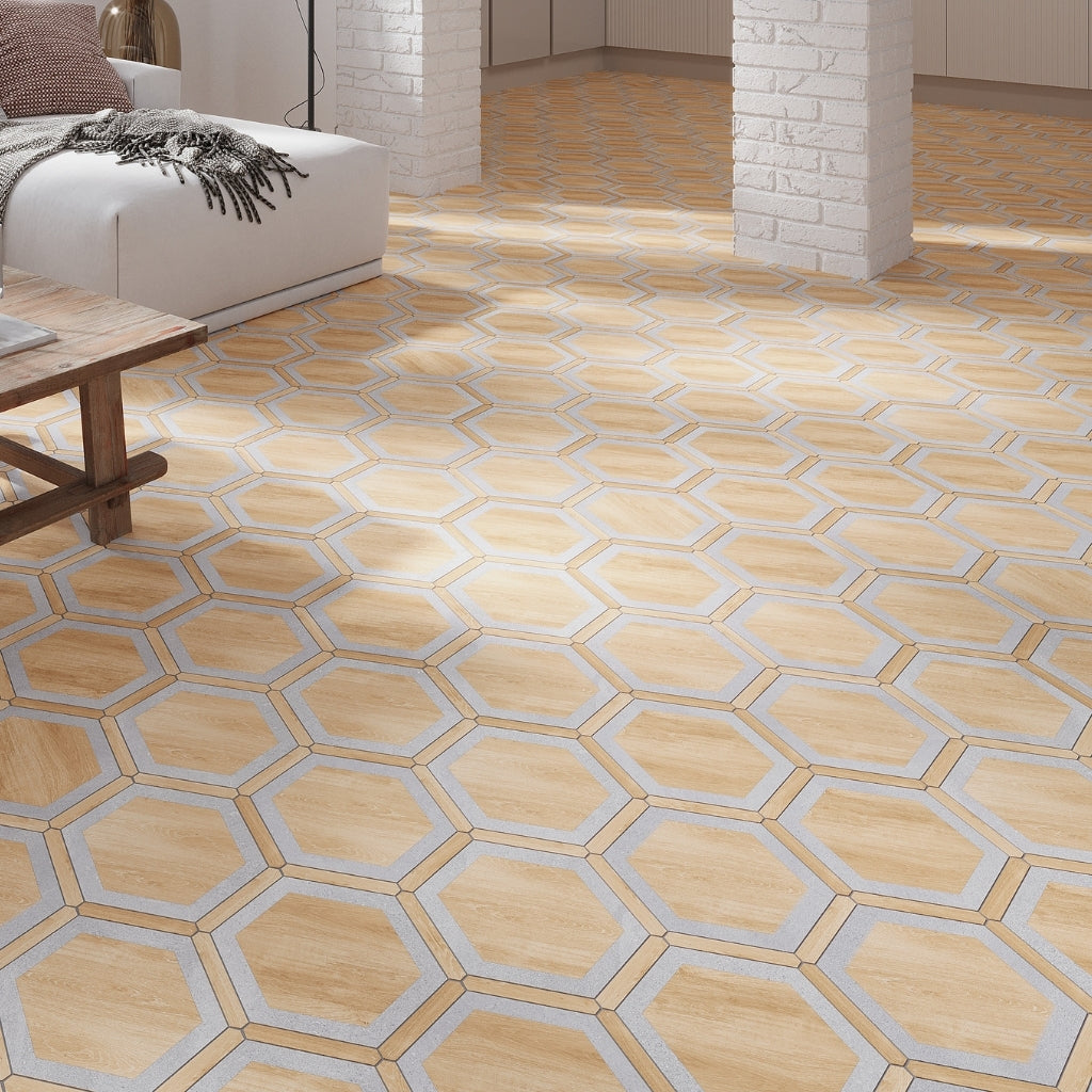 Oak wash and Gray 9 x 10 Matte Porcelain Hexagon Tile