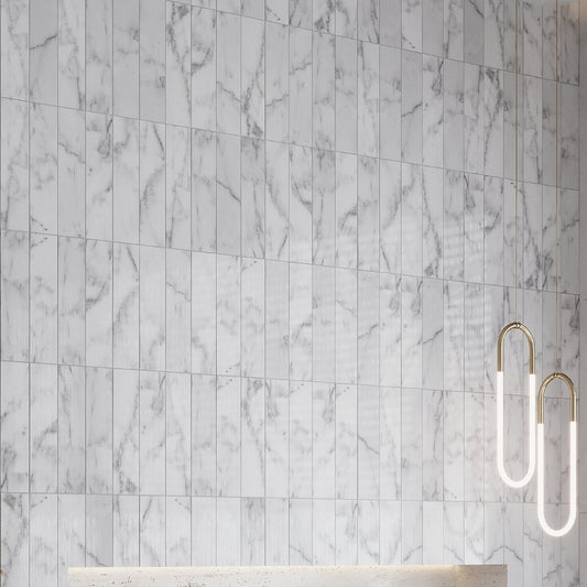 White 3x12 Textured Bianco Carrara Brick Tile