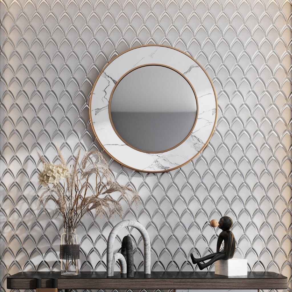 Gray, Silver 10x12 Glossy Glass Arabesque, Fan Mosaic Tile