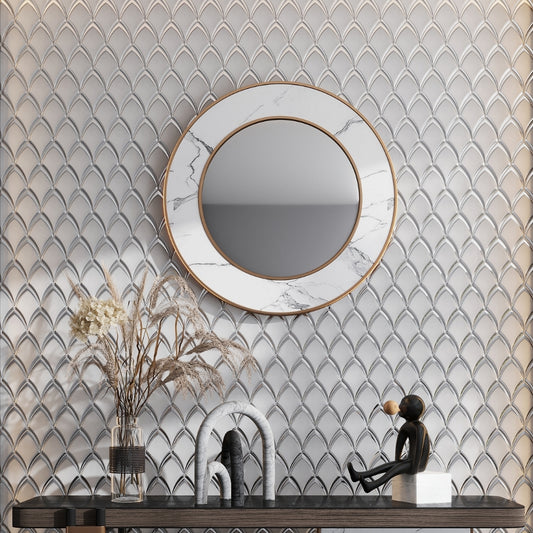 Gray, Silver 10x12 Glossy Glass Arabesque, Fan Mosaic Tile