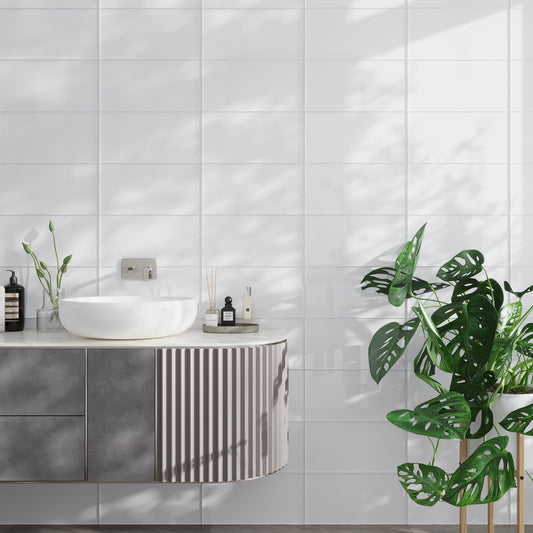 White 8 x 16 Glossy Glass Subway Tile