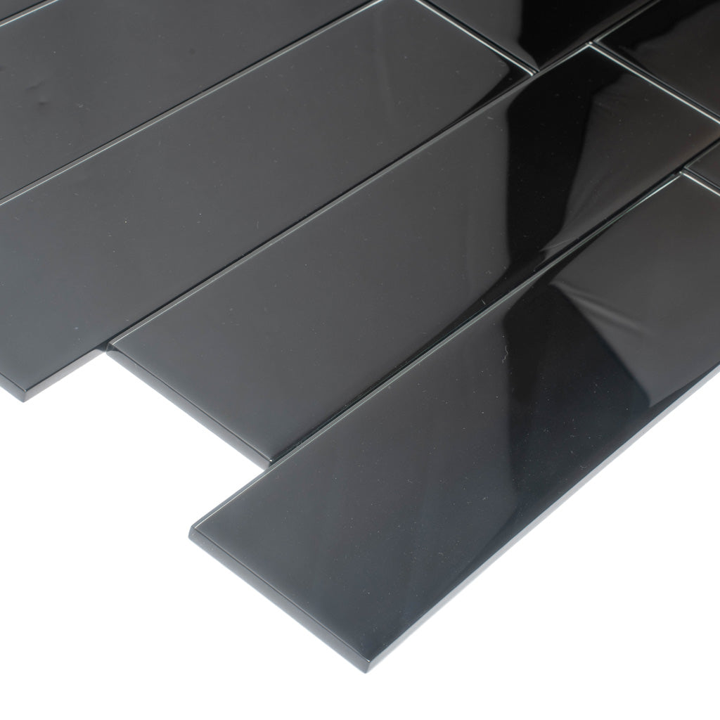 Black 4 x 16 Glossy Glass Subway Tile