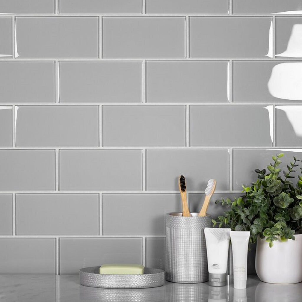 Gray 3 x 6 Glossy Glass Subway Tile