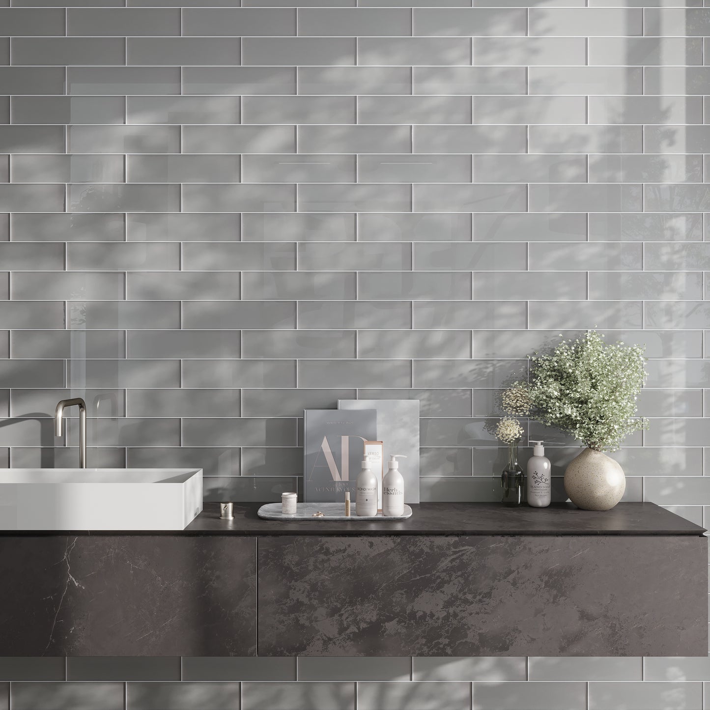 Gray 4 x 16 Glossy Glass Subway Tile