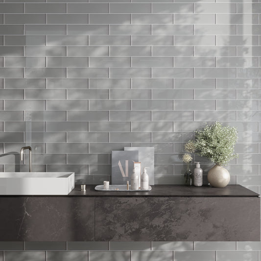 Gray 4 x 16 Glossy Glass Subway Tile