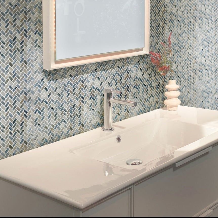 Blue and Gray 12 x 12 Glossy Glass Mosaic Tile - Sample