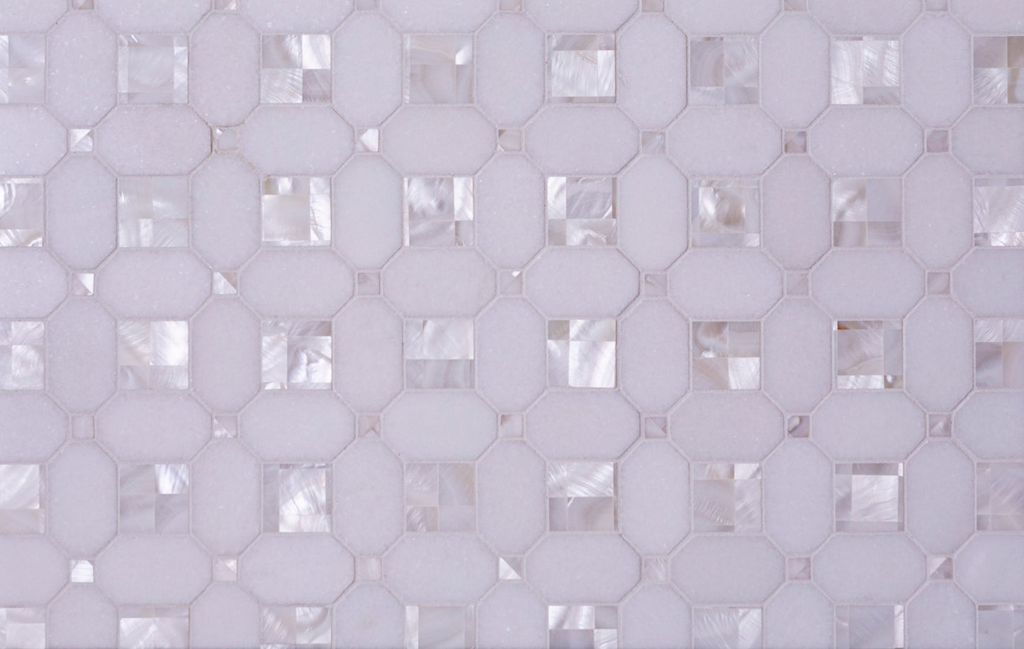 Pearl White 12x12 Polished Thassos, Shell Mosaic Tile Sample