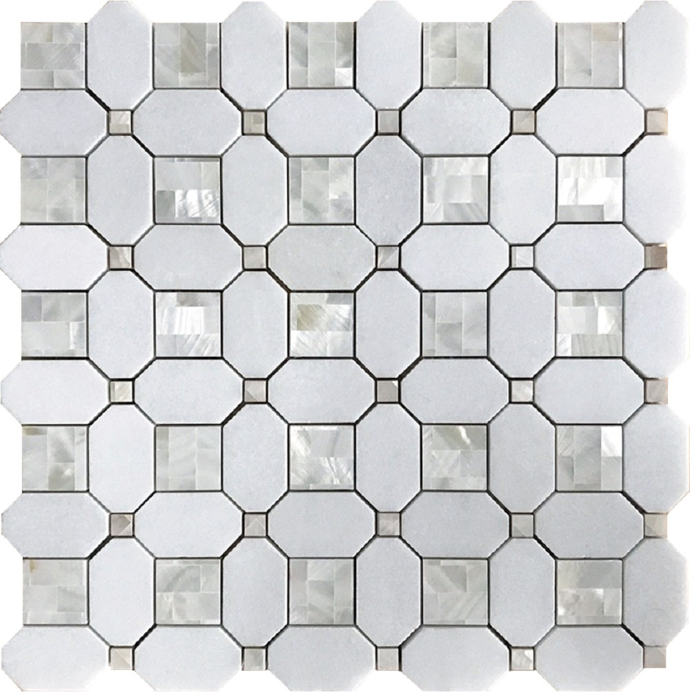 Pearl White 12x12 Polished Thassos, Shell Mosaic Tile Sample