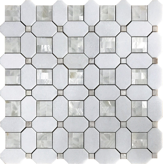 Pearl White 12x12 Polished Thassos, Shell Mosaic Tile Sample