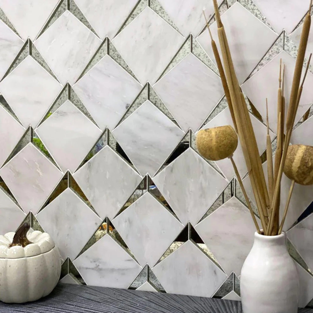 White 12 x 12 Polished Eastern White and Glass Mosaic Tile