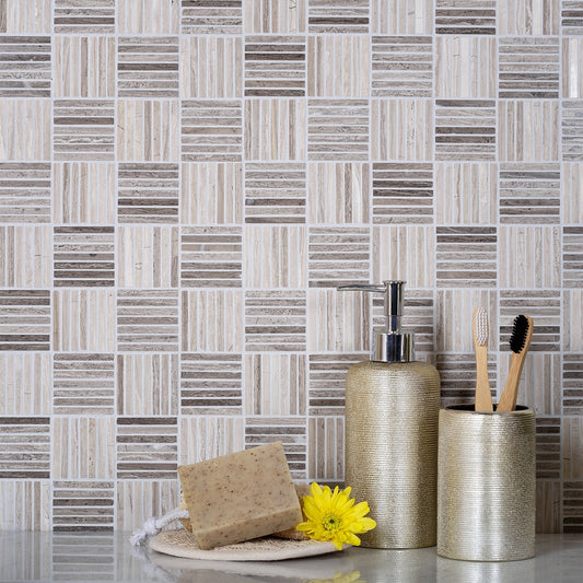 Beige 12 x 12 Polished Wooden Grey Light, Dark Mosaic Tile - Sample