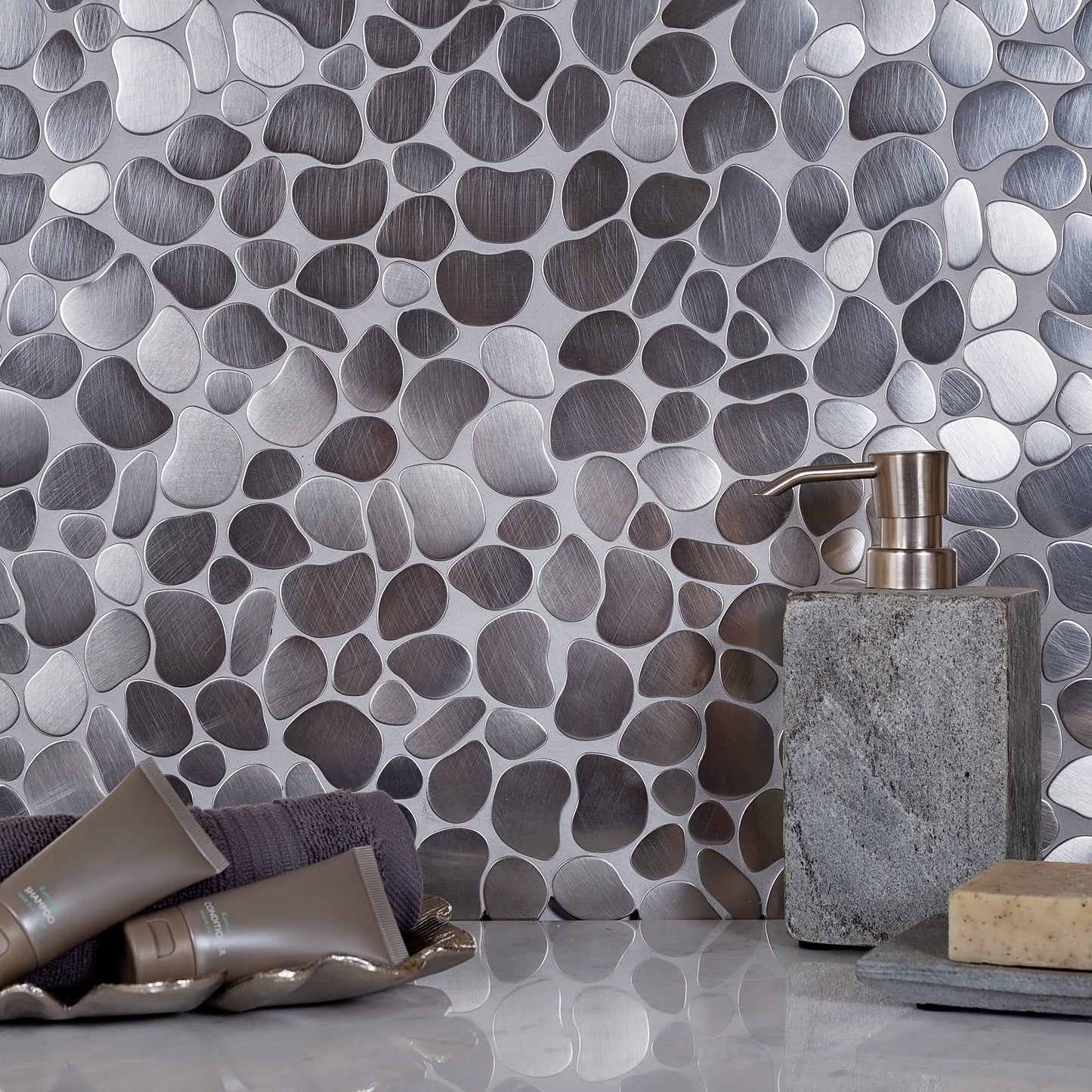 Pebble Gray 12 x 12 Polished Metal Mosaic Tile