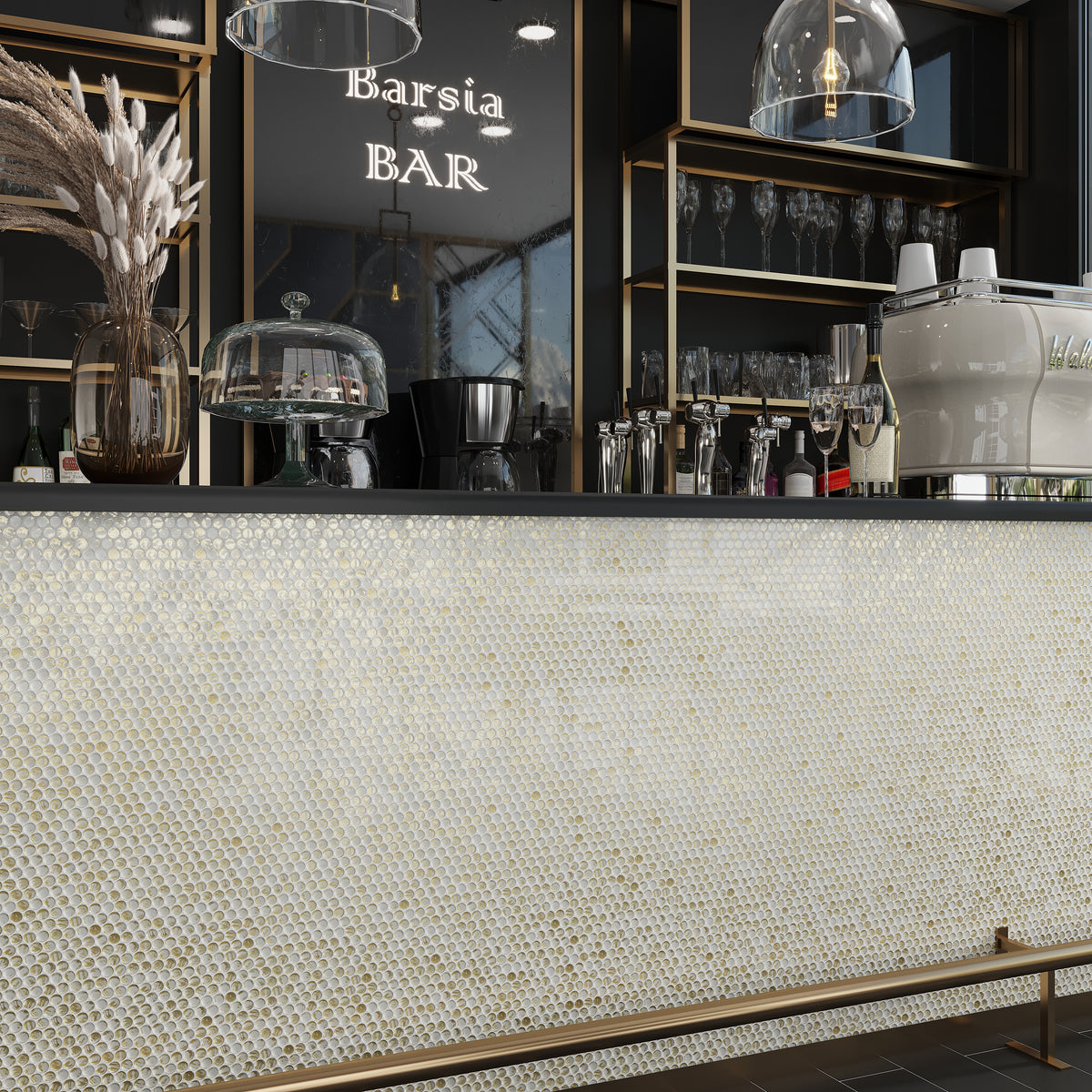 White and Gold 12 x 12 Glossy Penny Glass Mosaic Tile