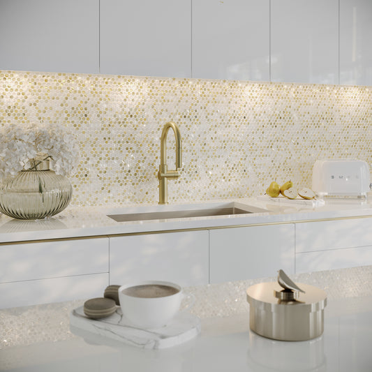 White and Gold 12 x 12 Glossy Penny Glass Mosaic Tile