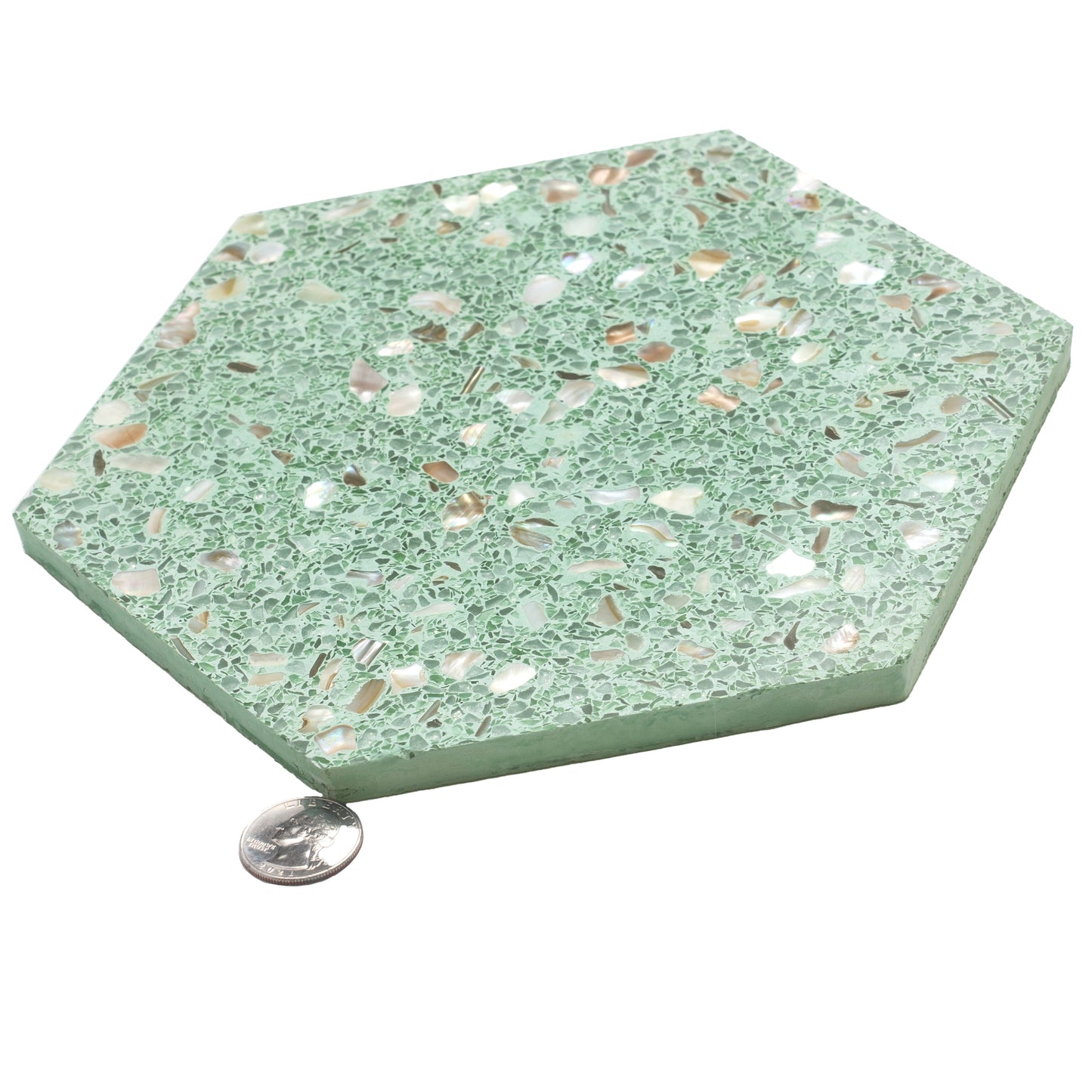 Mint Green with Copper flecks 9x8 Glossy Shell, Terrazzo Hexagon Tile