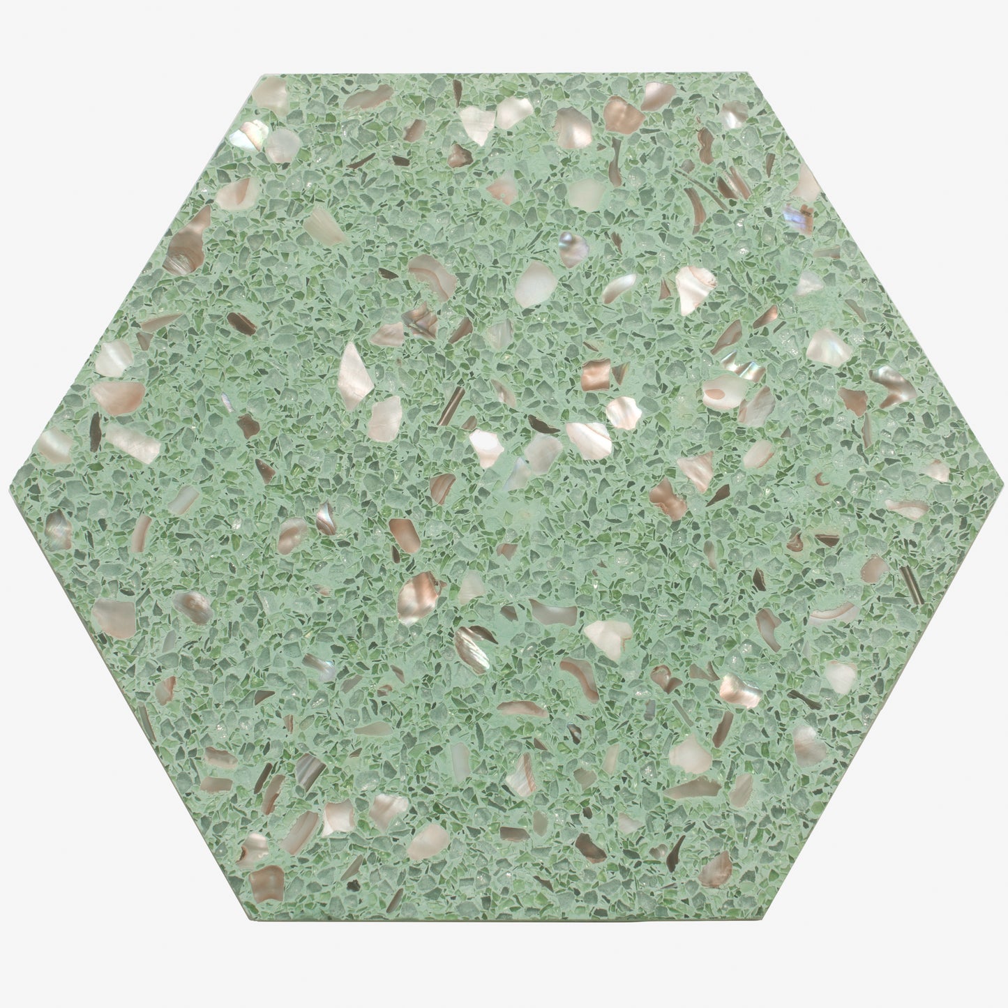 Mint Green with Copper flecks 9x8 Glossy Shell, Terrazzo Hexagon Tile