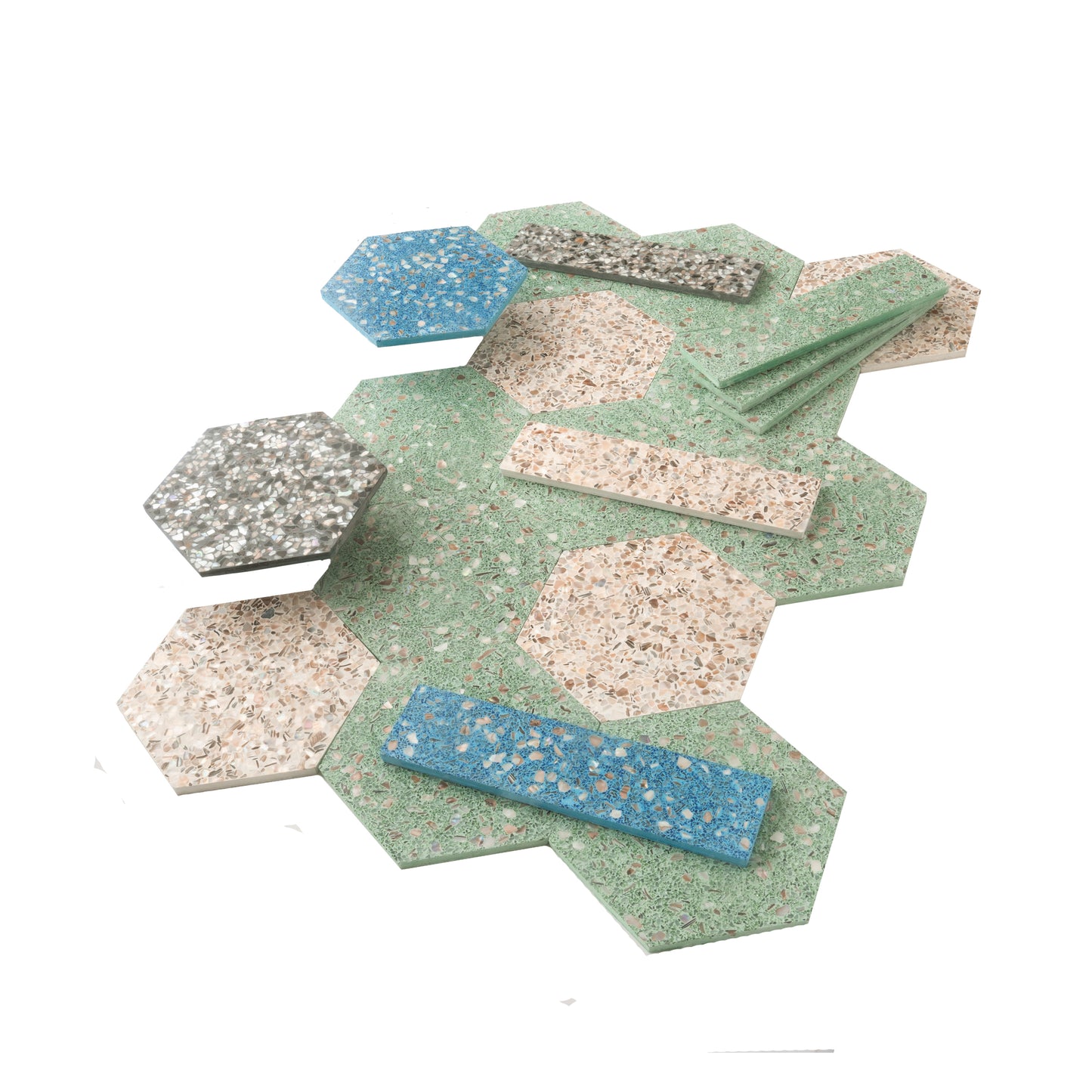 Mint Green with Copper flecks 9x8 Glossy Shell, Terrazzo Hexagon Tile