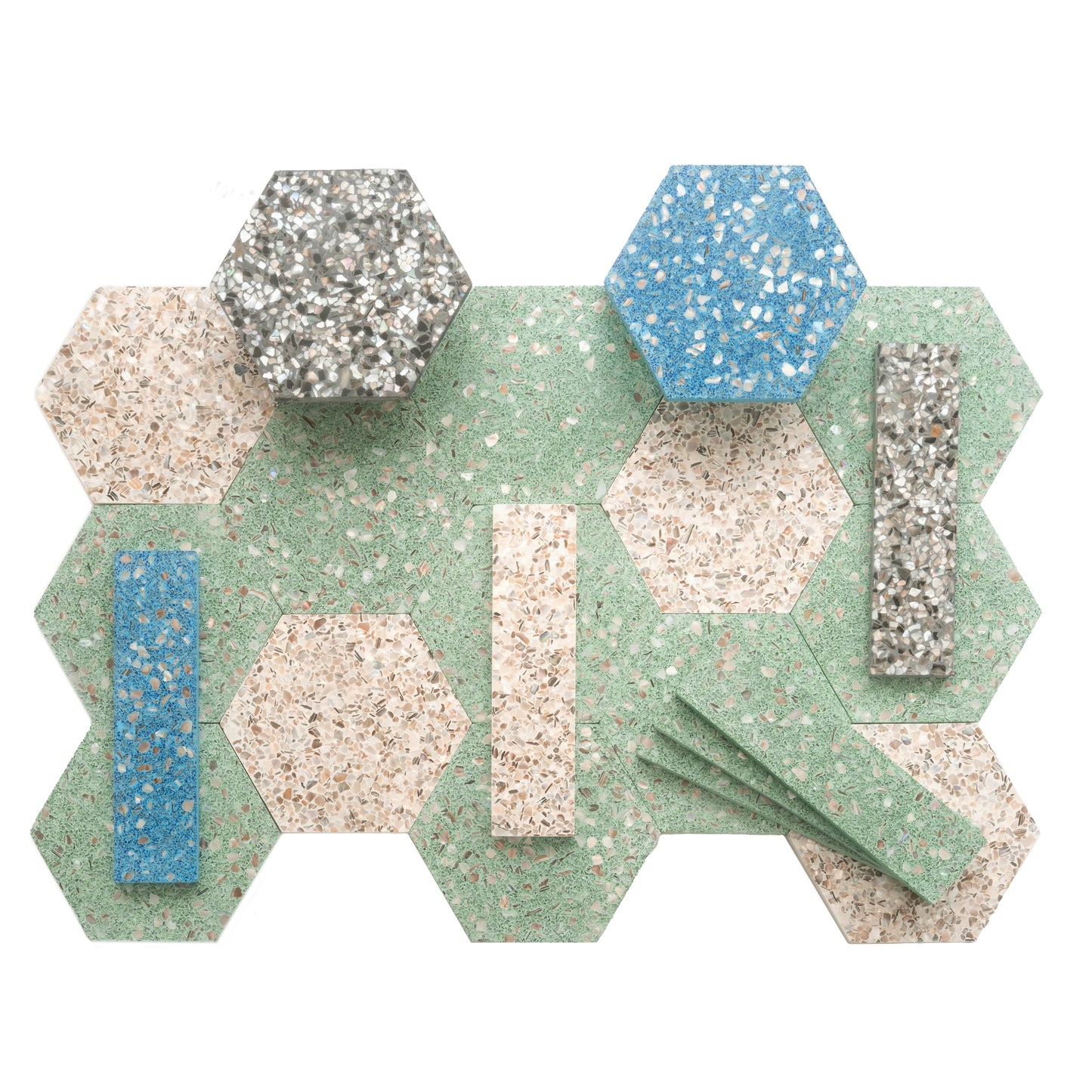 Mint Green with Copper flecks 9x8 Glossy Shell, Terrazzo Hexagon Tile