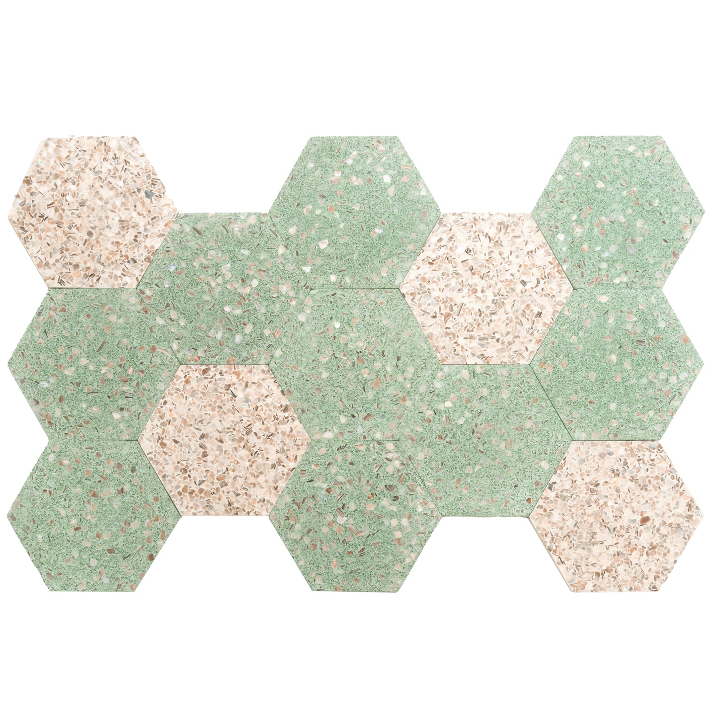 Mint Green with Copper flecks 9x8 Glossy Shell, Terrazzo Hexagon Tile