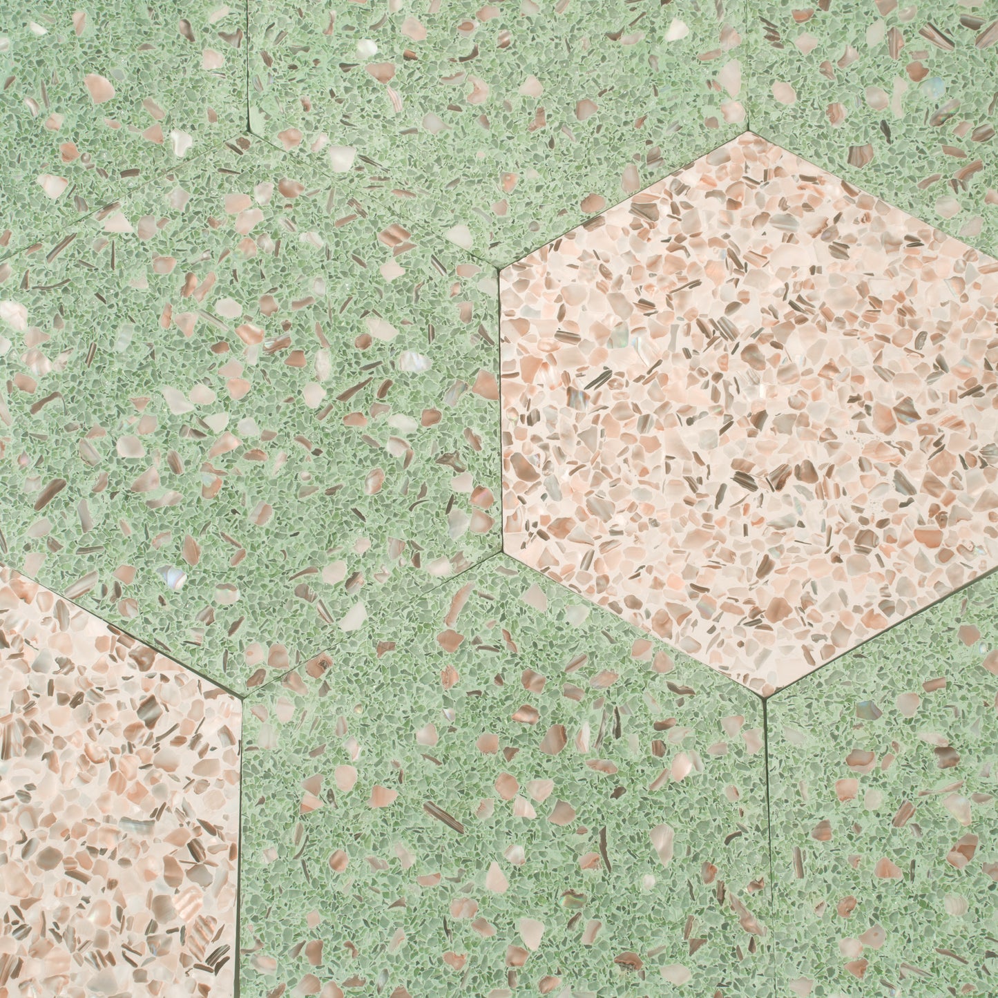 Mint Green with Copper flecks 9x8 Glossy Shell, Terrazzo Hexagon Tile