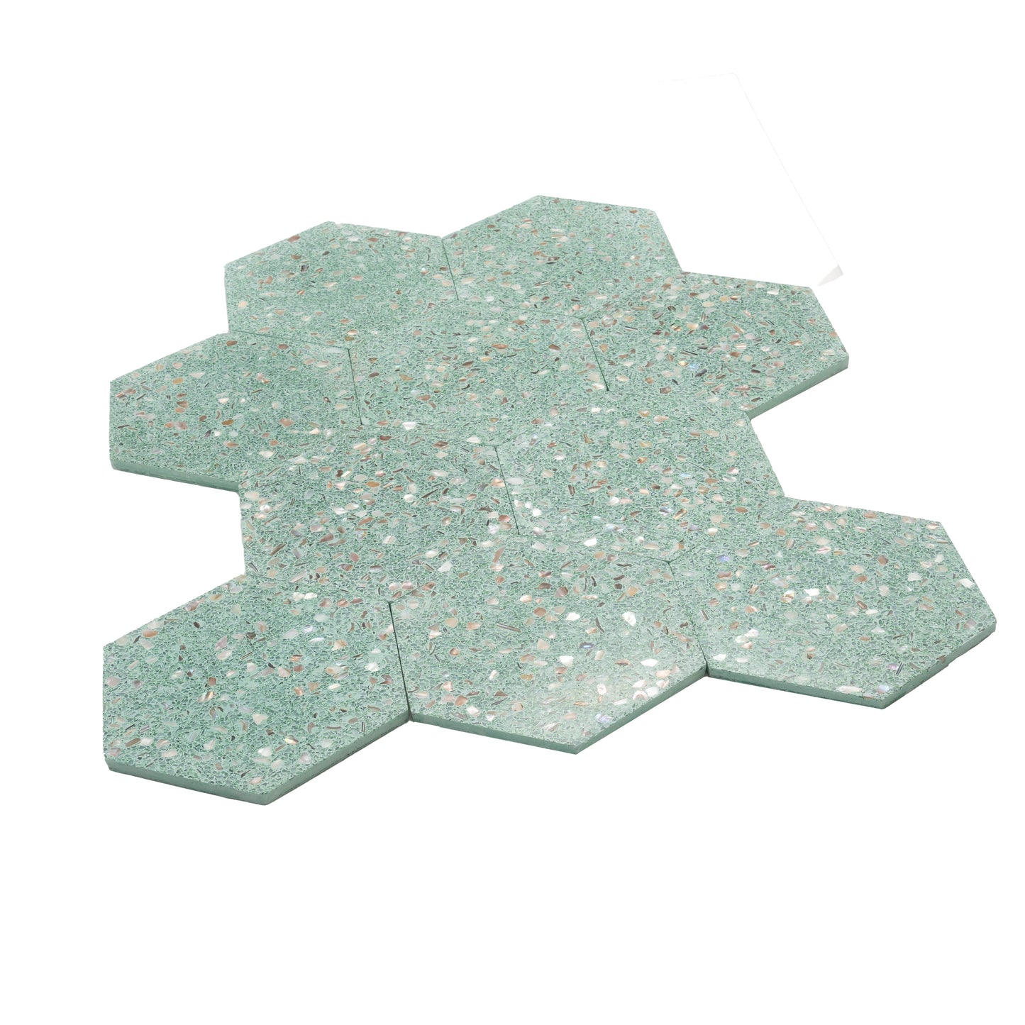 Mint Green with Copper flecks 9x8 Glossy Shell, Terrazzo Hexagon Tile