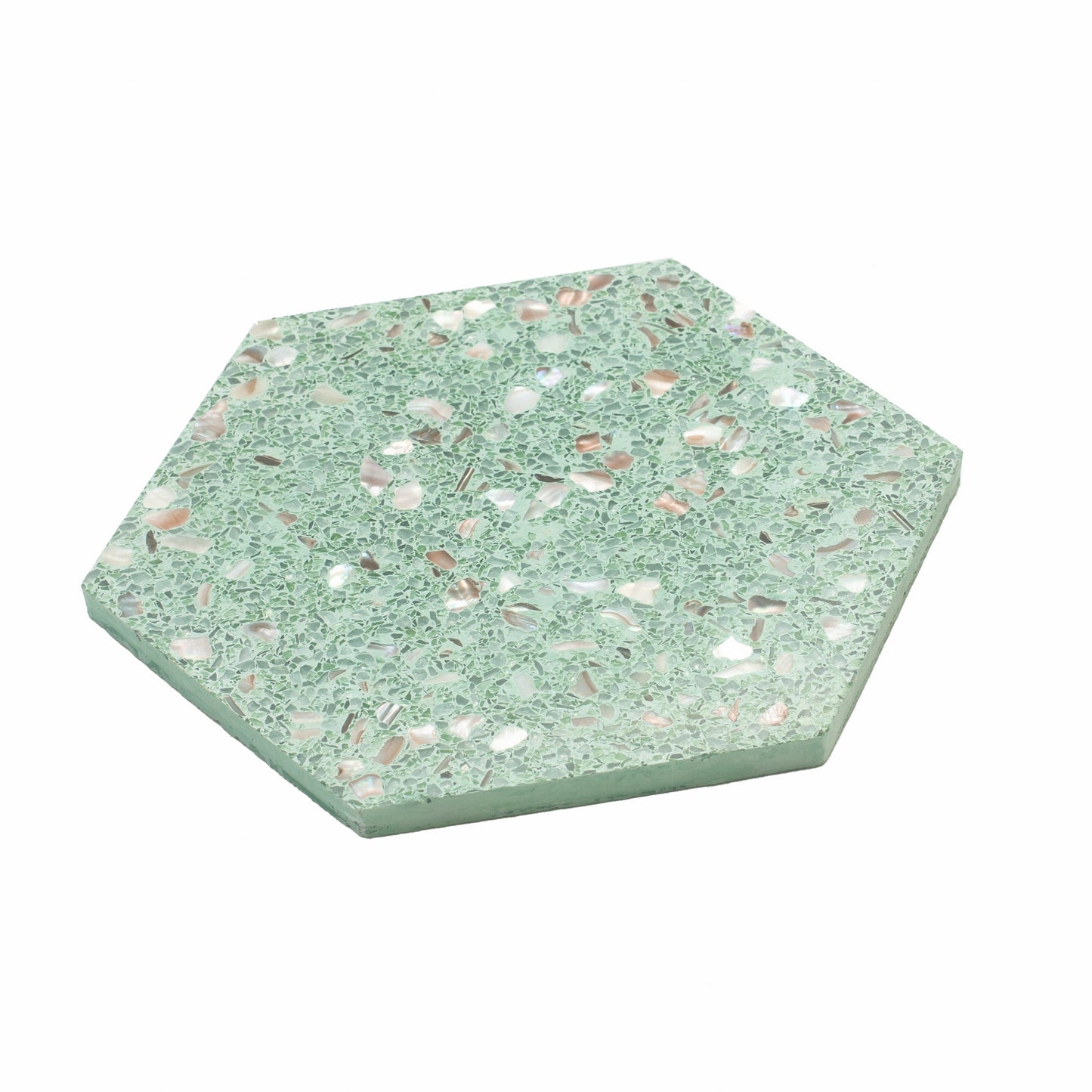Mint Green with Copper flecks 9x8 Glossy Shell, Terrazzo Hexagon Tile - Sample