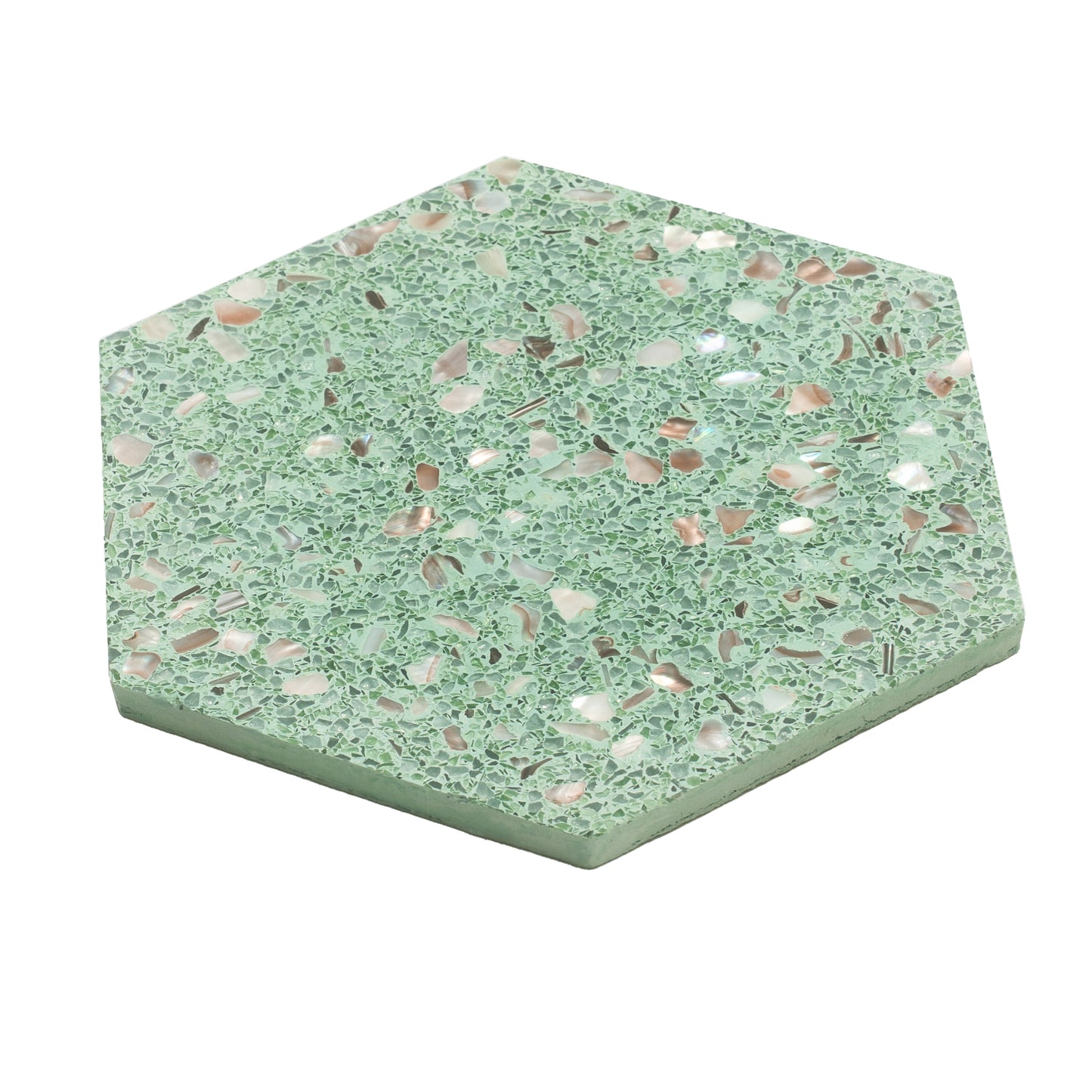 Mint Green with Copper flecks 9x8 Glossy Shell, Terrazzo Hexagon Tile