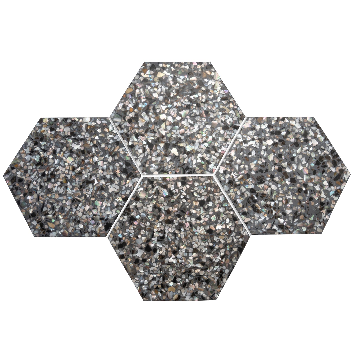 Black with Amber Pearl flecks 9x8 Glossy Shell, Terrazzo Hexagon Tile