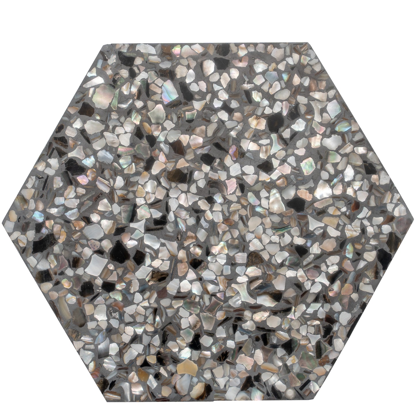 Black with Amber Pearl flecks 9x8 Glossy Shell, Terrazzo Hexagon Tile