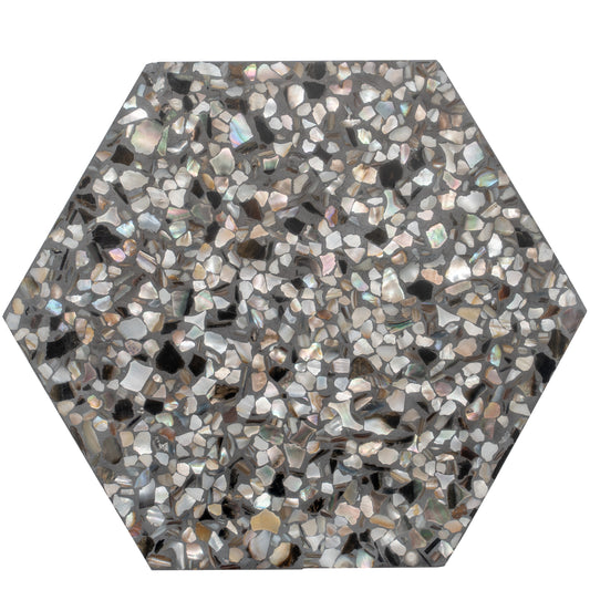 Black with Amber Pearl flecks 9x8 Glossy Shell, Terrazzo Hexagon Tile