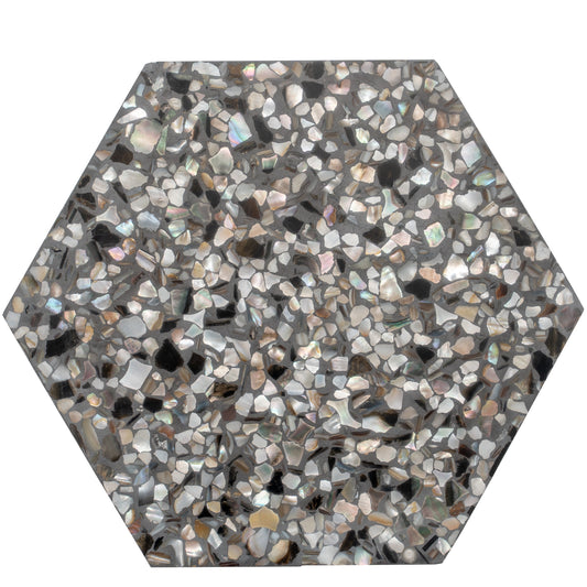 Black with Amber Pearl flecks 9x8 Glossy Shell, Terrazzo Hexagon Tile - Sample