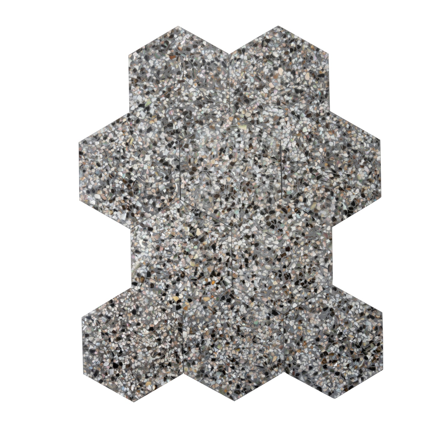 Black with Amber Pearl flecks 9x8 Glossy Shell, Terrazzo Hexagon Tile