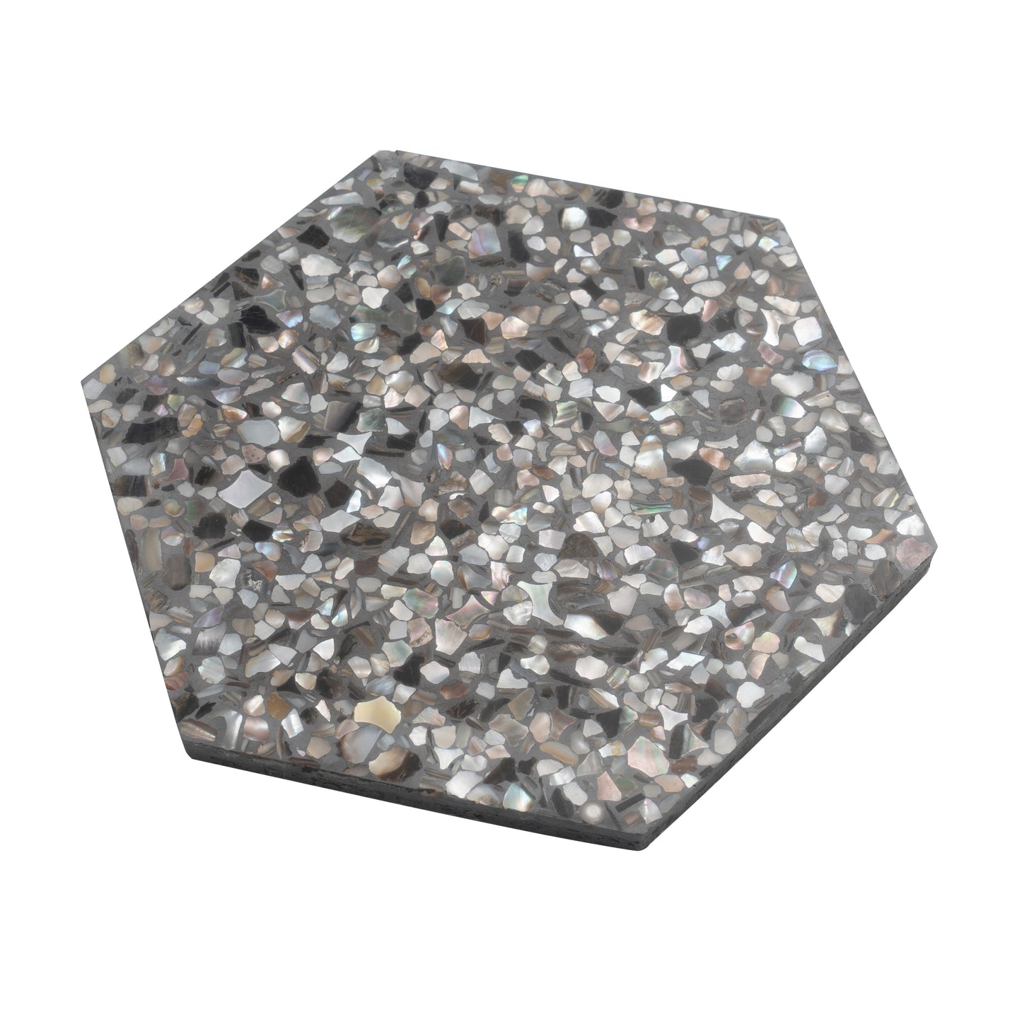 Black with Amber Pearl flecks 9x8 Glossy Shell, Terrazzo Hexagon Tile