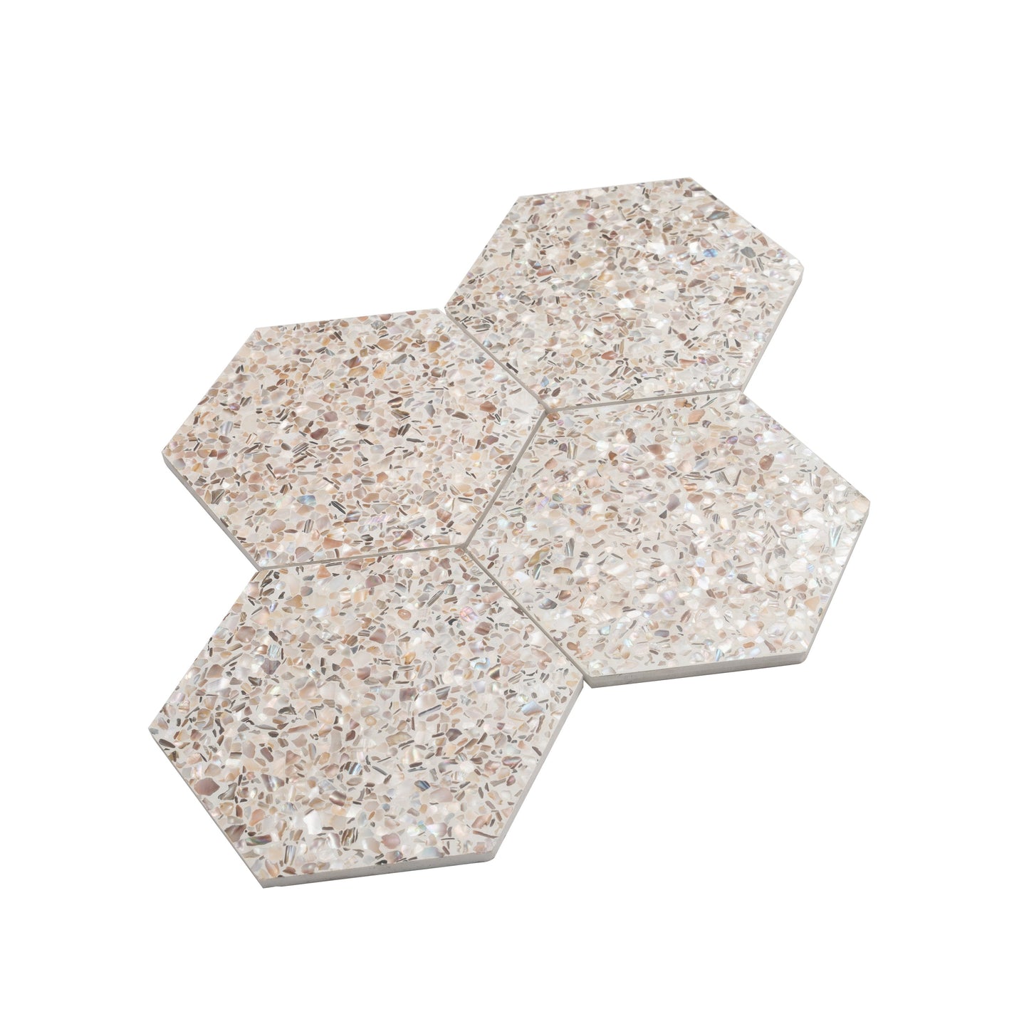 Ivory White with Copper flecks 9x8 Glossy Shell, Terrazzo Hexagon Tile - Sample