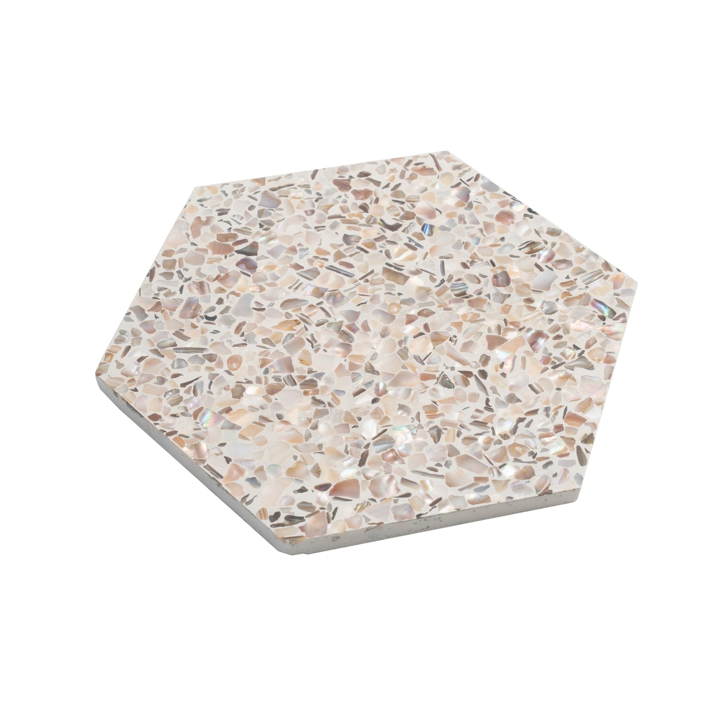 Ivory White with Copper flecks 9x8 Glossy Shell, Terrazzo Hexagon Tile