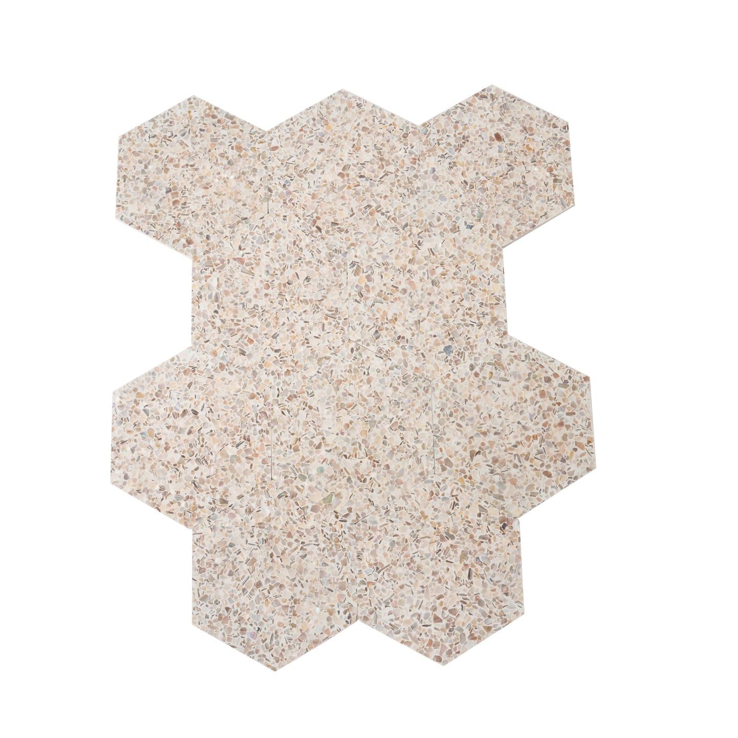 Ivory White with Copper flecks 9x8 Glossy Shell, Terrazzo Hexagon Tile