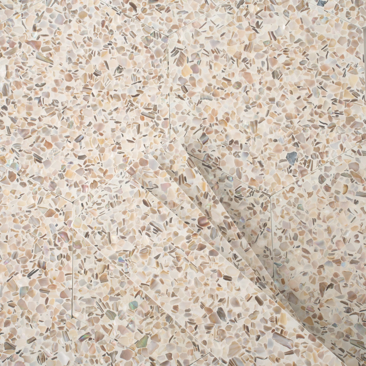 Ivory White with Copper flecks 9x8 Glossy Shell, Terrazzo Hexagon Tile