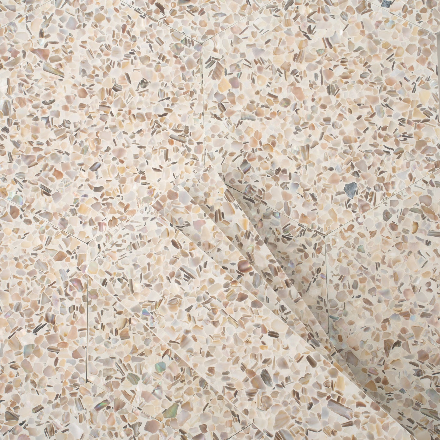 Ivory White with Copper flecks 9x8 Glossy Shell, Terrazzo Hexagon Tile - Sample