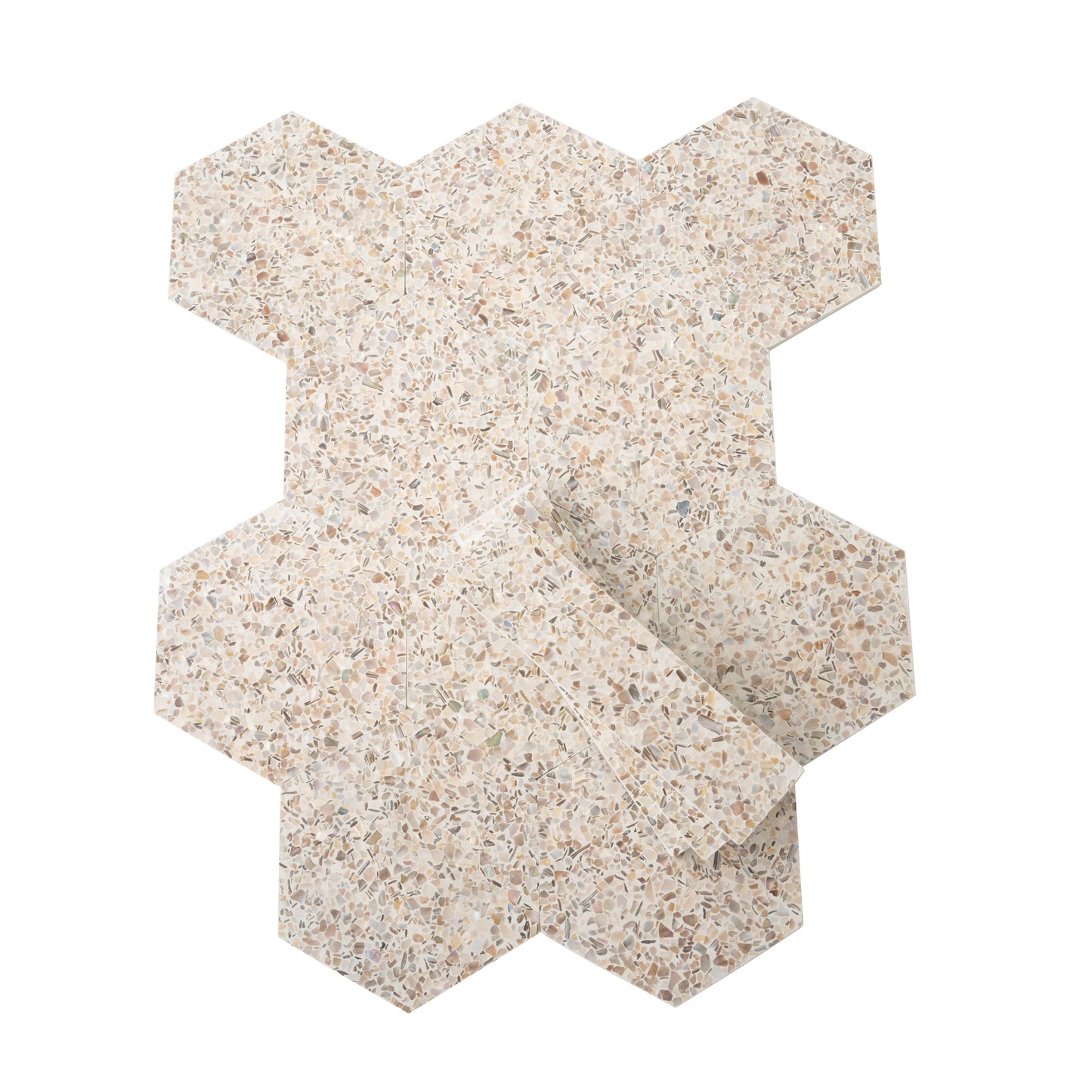 Ivory White with Copper flecks 9x8 Glossy Shell, Terrazzo Hexagon Tile