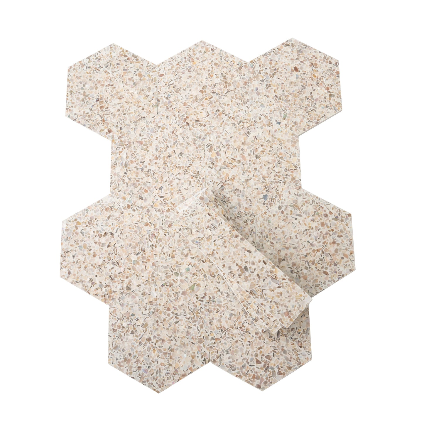 Ivory White with Copper flecks 9x8 Glossy Shell, Terrazzo Hexagon Tile - Sample