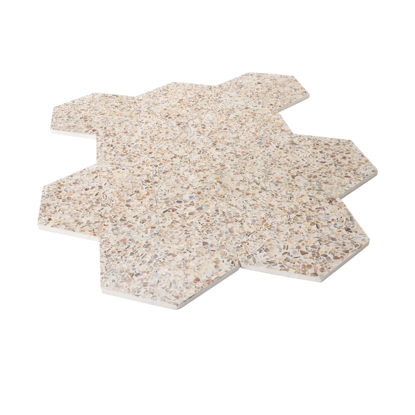 Ivory White with Copper flecks 9x8 Glossy Shell, Terrazzo Hexagon Tile