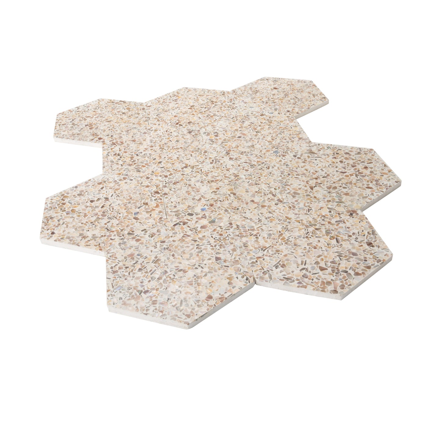 Ivory White with Copper flecks 9x8 Glossy Shell, Terrazzo Hexagon Tile - Sample