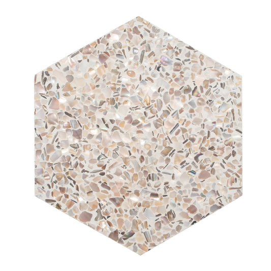 Ivory White with Copper flecks 9x8 Glossy Shell, Terrazzo Hexagon Tile - Sample