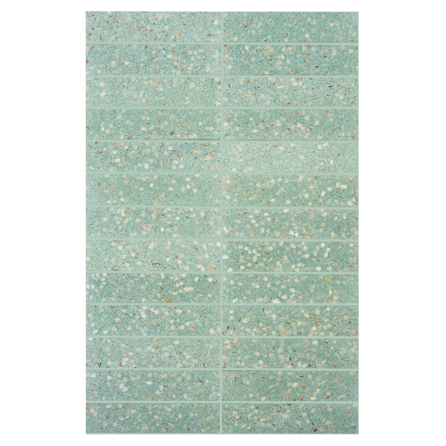 Mint Green with Copper flecks 3x12 Glossy Shell, Terrazzo Elongated Subway Tile